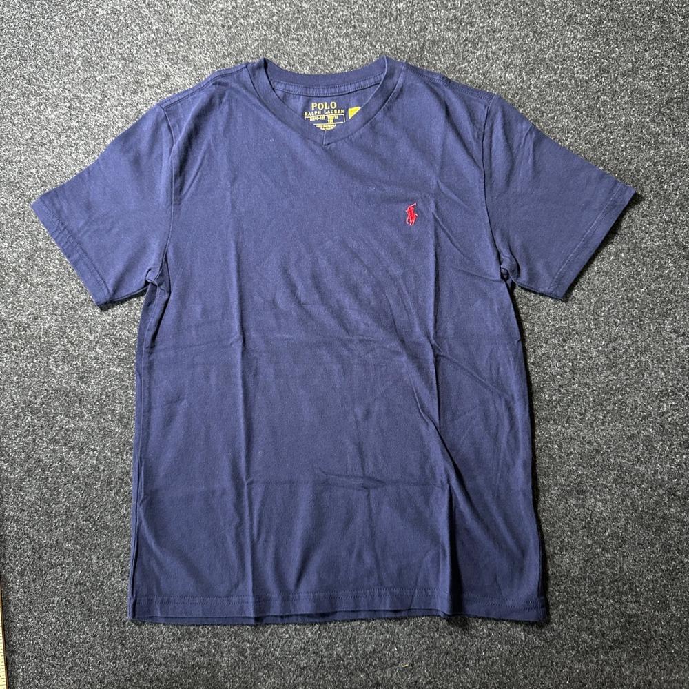 Polo Ralph Lauren Navy Blue V-Neck Cotton T-Shirt Red Pony Logo Womens Small